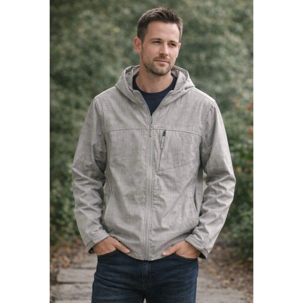 Free Tech Men’s Lightweight Hooded Jacket Gray Full Zip Windbreaker Size Xl